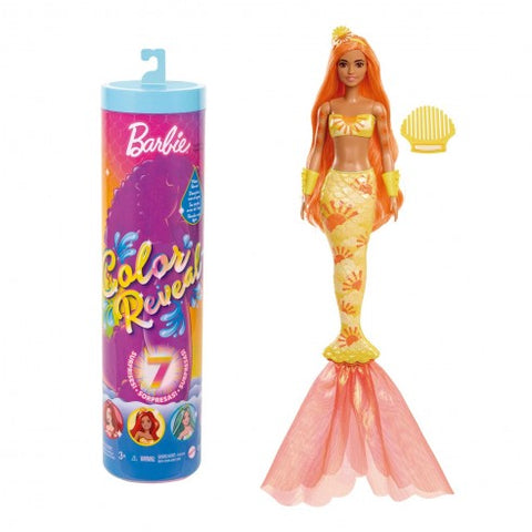 BARBIE COLOR REVEAL MERMAID DOLL--دمية كولور ريفيل بنمط حورية بحر مع 7 مفاجآت بمجرد فتح العبوة: ازرق معدني مع قوس قزح؛ يكشف الماء عن المظهر الكامل وتغيير اللون، باربي