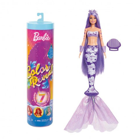 BARBIE COLOR REVEAL MERMAID DOLL--دمية كولور ريفيل بنمط حورية بحر مع 7 مفاجآت بمجرد فتح العبوة: ازرق معدني مع قوس قزح؛ يكشف الماء عن المظهر الكامل وتغيير اللون، باربي