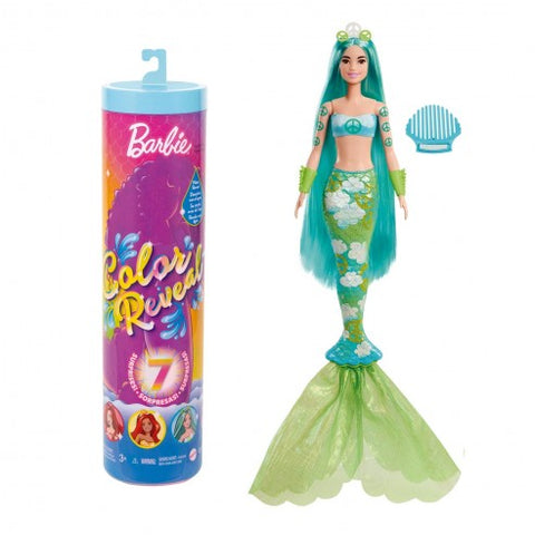 BARBIE COLOR REVEAL MERMAID DOLL--دمية كولور ريفيل بنمط حورية بحر مع 7 مفاجآت بمجرد فتح العبوة: ازرق معدني مع قوس قزح؛ يكشف الماء عن المظهر الكامل وتغيير اللون، باربي