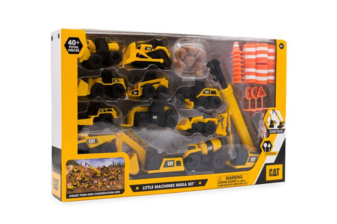 CAT Construction Little Machines Mega Set I With 40 pieces I includes vehicles, crane, road signs, cones, boulders and barrels--مجموعة ماكينات كات ليتل ميجا 40، أصفر، بلاستيك