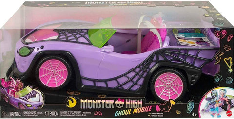 Monster High  Toy Car, Ghoul Mobile  with Pet and Cooler Accessories, Purple Convertible with Spiderweb Details--لعبة سيارة مونستر هاي، غول موبايل مع ملحقات الحيوانات الأليفة والمبرد، قابلة للتحويل باللون الأرجواني مع تفاصيل شبكة العنكبوت