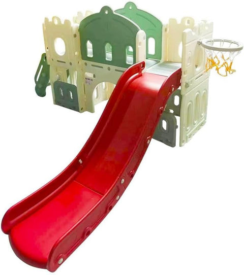 BABYLOVE BIG SLIDE WITH PLAY AREA AND CROSSING BRIDGE + BALL RING 185X221X106CM GREEN 28-001-11G--بيبي لف  زحليقة كبيرة مع جسر ومنطقة العاب وكورة سلة اخضر