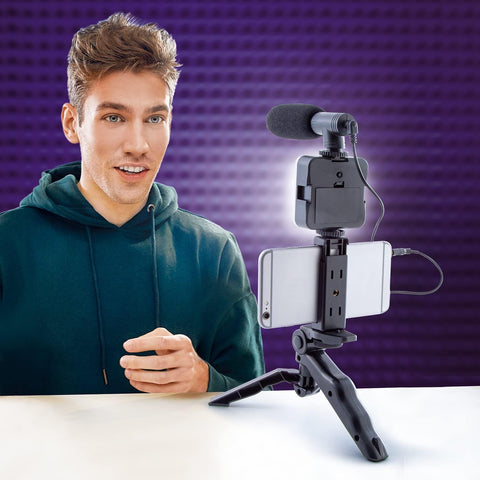 Studio Creator INF 033 Podcast and Vlogging Kit, Phone Holder, LED Light, Microphone + Tripod--ستوديو كريتور مجموعة المدونات الصوتية ومدونات الفيديو ، بلاستيك