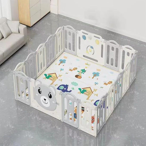 BABYLOVE FOLDABLE PLAYPEN 14+2+ PLAYPEN+HOUSE PLAYPEN HOUSE SIZE GREY 28-XG0-11B--بيبي لف بيت العاب للأطفال شكل دب مع كوخ كبير قابلة للطي رصاصي