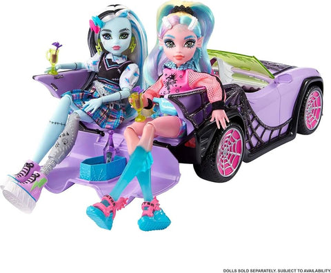 Monster High  Toy Car, Ghoul Mobile  with Pet and Cooler Accessories, Purple Convertible with Spiderweb Details--لعبة سيارة مونستر هاي، غول موبايل مع ملحقات الحيوانات الأليفة والمبرد، قابلة للتحويل باللون الأرجواني مع تفاصيل شبكة العنكبوت