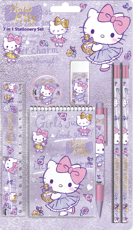 HELLO KITTY 7pcs in Stationery Set (2pcs Pencils, 1pc Pen, 1pc Sharpener, 1pc Eraser, 1pc Notebook, 1pc Ruler)-147988--طقم قرطاسية 7 في 1 هيلو كيتي