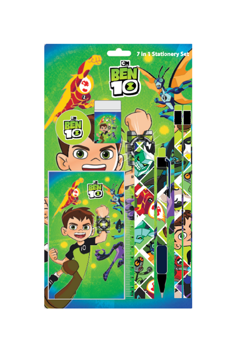 BEN10 7pcs in Stationery Set (2pcs Pencils, 1pc Pen, 1pc Sharpener, 1pc Eraser, 1pc Notebook, 1pc Ruler)-148002--  طقم قرطاسية 7 في 1 بين تن 2 قلم رصاص، 1 قلم، 1 مبراة، 1 ممحاة، 1 دفتر ملاحظات، 1 مسطرة