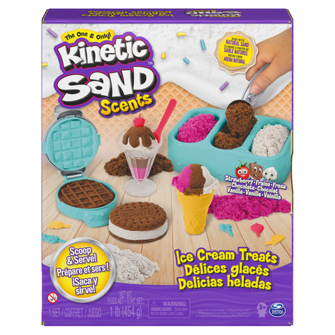 Kinetic Sand Scents, Ice Cream Treats Playset with 3 Colors of All-Natural Scented Play Sand and 6 Serving Tools--مجموعة ألعاب برائحة الرمال الحركية، آيس كريم تريتس مع 3 ألوان من رمل اللعب المعطر الطبيعي بالكامل و6 أدوات تقديم