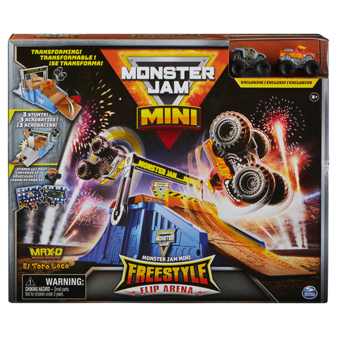 Monster Jam Mini Freestyle Flip Arena Playset and Storage with 2 Trucks --مجموعة لعب صغيرة مع شاحنتين صغيرتين من مونستر جام