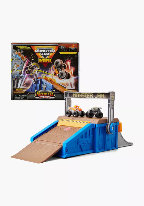 Monster Jam Mini Freestyle Flip Arena Playset and Storage with 2 Trucks --مجموعة لعب صغيرة مع شاحنتين صغيرتين من مونستر جام