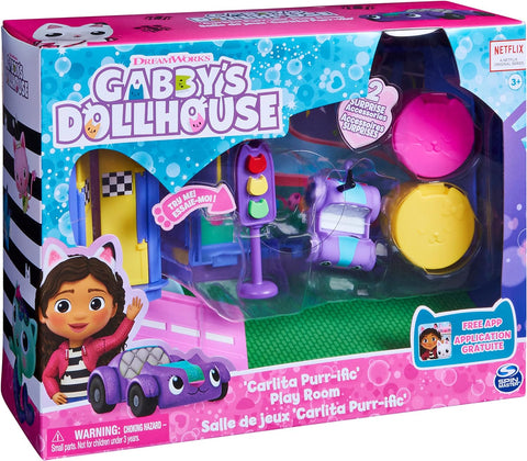 Gabby's Dollhouse Purr-ific Play Room with Carlita Car--غابيز دولهاوس غرفة لعب بور-فيك مع سيارة كارليتا، اكسسوارات، اثاث وخدمة توصيل بيت الدمى