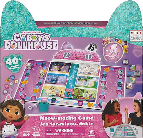 Gabby’s Dollhouse, Meow-mazing Board Game Based on the DreamWorks Netflix Show with 4 Kitty Headband--لعبة بيت دمى غابيز دولهاوس العاب لوحية دريم ووركس