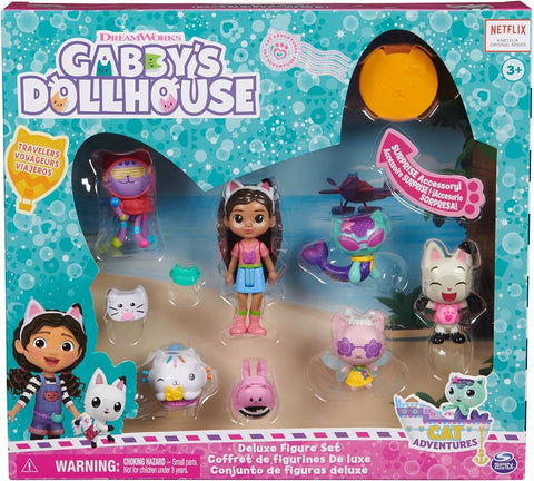 Gabby's Dollhouse, Travel Themed Figure Set with a Gabby Doll--غابيز دولهاوس, مجموعة مجسمات شخصية للسفر مع دمية غابي، 5 مجسمات للقطط، العاب مفاجئة واكسسوارات بيت الدمى