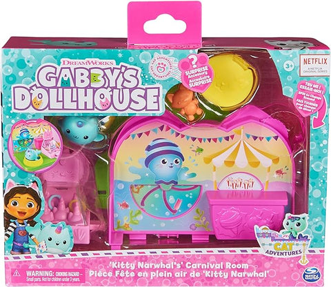 Gabby's Dollhouse DreamWorks Kitty Narwhal’s Carnival Room --لعبة غرفة كرنفال كيتي ناروال دريم ووركس من غابيز دولهاوس، مع مجسم لعبة، ألعاب مفاجآت وأثاث لبيت الدمى