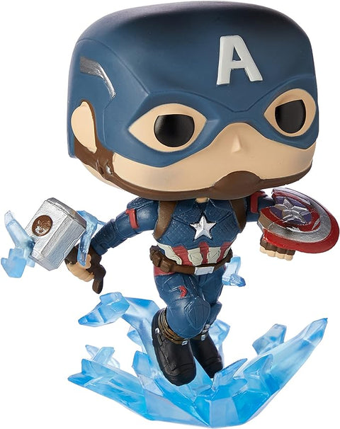 Funko Pop! Marvel: Endgame Captain America with Broken Shield and Mjolnir, Action Figure  - Capt A w/ Broken Shield--فانكو بوب. مارفيل: مجسم شخصية كابتن امريكا مع درع مكسور و ميولنير ، من اند جيم، فينيل، متعدد الألوان