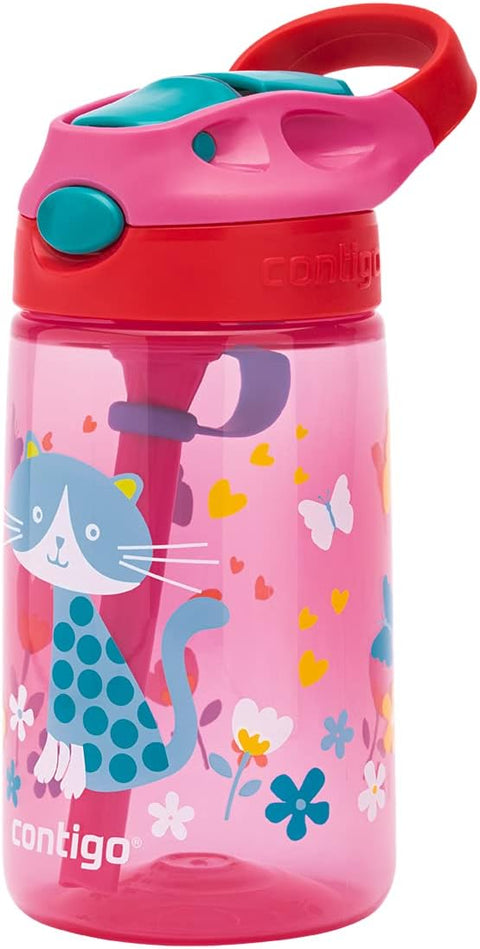 Contigo Autoseal Kids Gizmo Flip 414 ML,-Pink--كونتيجو زجاجة مياه للاطفال من جيزمو بتصميم فراشة قابلة للطي بفوهة شرب تلقائية مع ماصة