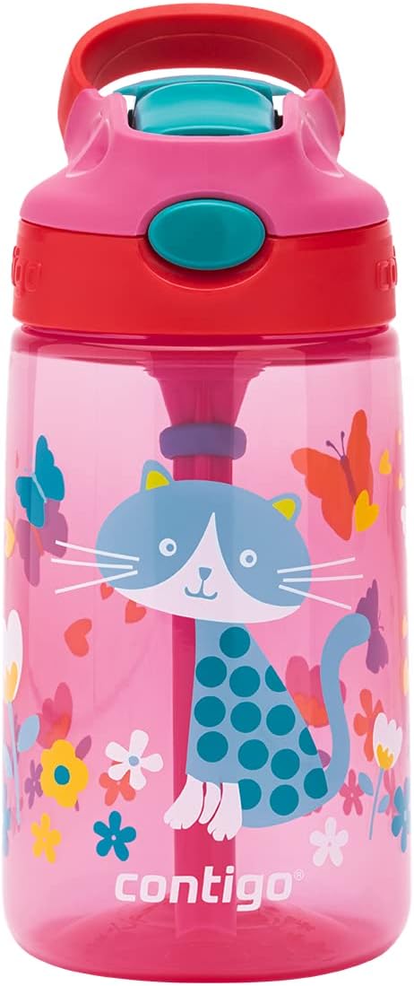 Contigo Autoseal Kids Gizmo Flip 414 ML,-Pink--كونتيجو زجاجة مياه للاطفال من جيزمو بتصميم فراشة قابلة للطي بفوهة شرب تلقائية مع ماصة