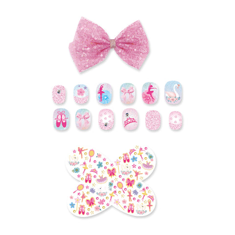 Hot Focus-Dazzle Nails + Hair Bow Clip/Nail Stickers(Ballerina)--اظافر ومشبك شعر وملصقات من هوت فوكس