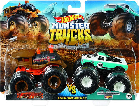 Hot Wheels  Monster Trucks Demolition Doubles , Set of 2 Toy Trucks in 1:64 Scale--شاحنات هدم مزدوجة من هوت ويلز مونستر تراكس، مجموعة من شاحنتين لعبة بمقياس 1:64