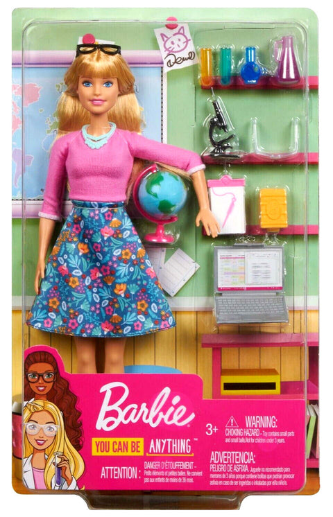 BARBIE  Teacher Doll, Blonde, with 10 Teaching AccessoriesIncluding Spinning Globe and a Laptop that Opens and Closes, Gift for 3 to 7 Year Olds--دمية باربي المعلمة، شقراء، مع 10 ملحقات تعليمية ويغلق، هدية للأطفال من سن 3 إلى 7 سنوات