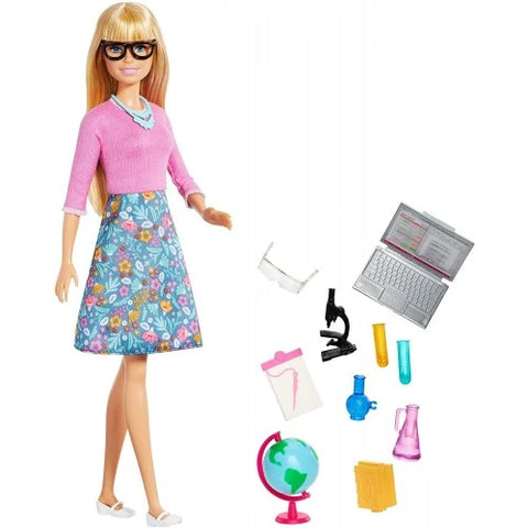 BARBIE  Teacher Doll, Blonde, with 10 Teaching AccessoriesIncluding Spinning Globe and a Laptop that Opens and Closes, Gift for 3 to 7 Year Olds--دمية باربي المعلمة، شقراء، مع 10 ملحقات تعليمية ويغلق، هدية للأطفال من سن 3 إلى 7 سنوات