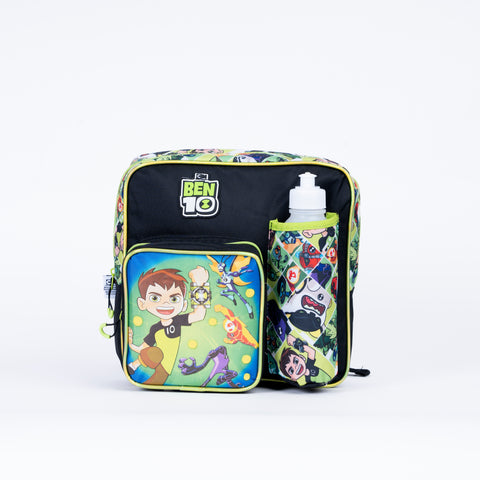 BEN10 Insulated Kinder Backpack BEN10 with Water Bottle, Lunch Box and Fork&Spoon 11 Inch--شنطة ظهر بين تن 11 انش مع زمزمية ولنش بوكس وشوكة وملعقة