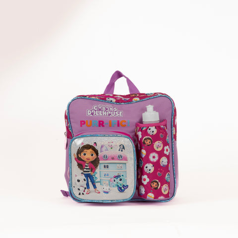 GABBY DOLL Insulated Kinder Backpack GABBY DOLL with Water Bottle, Lunch Box and Fork&Spoon 11 Inch--شنطة ظهر جابي دول 11 انش مع زمزمية ولنش بوكس وشوكة وملعقة