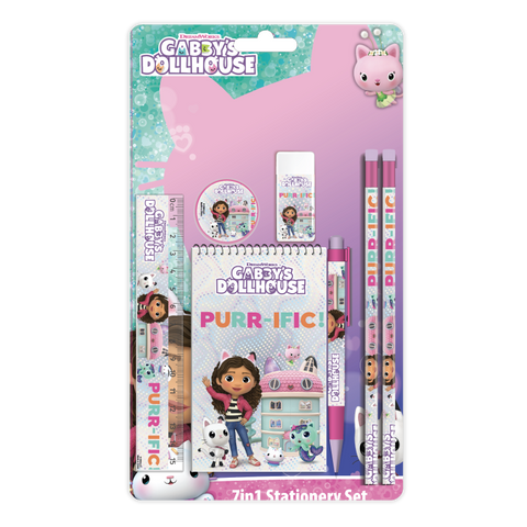 GABBY'S DOLL HOUSE 7pcs in Stationery Set (2pcs Pencils, 1pc Pen, 1pc Sharpener, 1pc Eraser, 1pc Notebook, 1pc Ruler)-148004--مجموعة أدوات مكتبية مكونة من 7 قطع (قلمان رصاص، قلم واحد، مبراة واحدة، ممحاة واحدة، دفتر ملاحظات واحد، مسطرة واحدة)