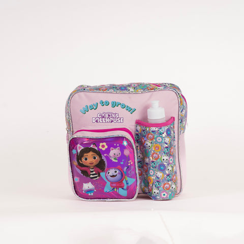 GABBY DOLL Insulated Kinder Backpack GABBY DOLL with Water Bottle, Lunch Box and Fork&Spoon 11 Inch Multi color--شنطة ظهر جابي دول 11 انش مع زمزمية ولنش بوكس وشوكة وملعقة