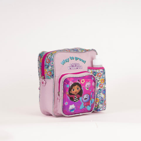 GABBY DOLL Insulated Kinder Backpack GABBY DOLL with Water Bottle, Lunch Box and Fork&Spoon 11 Inch Multi color--شنطة ظهر جابي دول 11 انش مع زمزمية ولنش بوكس وشوكة وملعقة