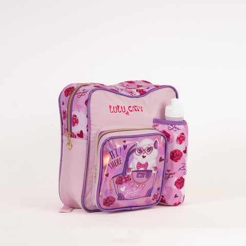 LULU CATY Insulated Kinder Backpack LULU CATY with Water Bottle, Lunch Box and Fork&Spoon 11 Inch Pink--حقيبة مدرسة بشخصية لول كاتي