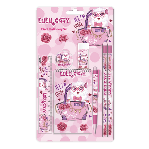 LULU CATY 7pcs in Stationery Set (2pcs Pencils, 1pc Pen, 1pc Sharpener, 1pc Eraser, 1pc Notebook, 1pc Ruler)-147993--طقم قرطاسية 7 في 1 من لولو كاتي