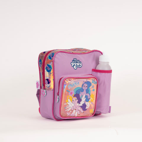 MY LITTLE PONY Insulated Kinder Backpack MY LITTLE PONY with Water Bottle, Lunch Box and Fork&Spoon 11 Inch--شنطة ظهر ماي ليتل بوني 11 انش مع زمزمية ولنش بوكس وشوكة وملعقة