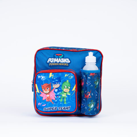 PJ MASK Insulated Kinder Backpack PJ MASK with Water Bottle, Lunch Box and Fork&Spoon 11 Inch--شنطة ظهر بي جي ماسك  11 انش مع زمزمية ولنش بوكس وشوكة وملعقة