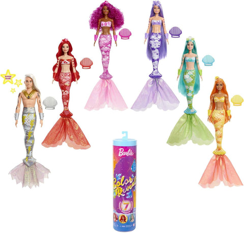 BARBIE COLOR REVEAL MERMAID DOLL--دمية كولور ريفيل بنمط حورية بحر مع 7 مفاجآت بمجرد فتح العبوة: ازرق معدني مع قوس قزح؛ يكشف الماء عن المظهر الكامل وتغيير اللون، باربي