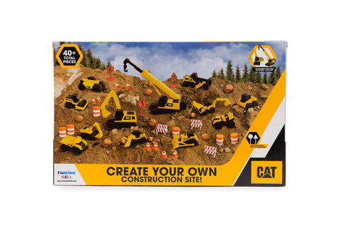 CAT Construction Little Machines Mega Set I With 40 pieces I includes vehicles, crane, road signs, cones, boulders and barrels--مجموعة ماكينات كات ليتل ميجا 40، أصفر، بلاستيك