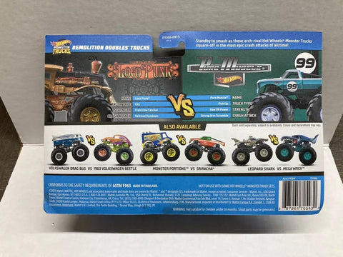 Hot Wheels  Monster Trucks Demolition Doubles , Set of 2 Toy Trucks in 1:64 Scale--شاحنات هدم مزدوجة من هوت ويلز مونستر تراكس، مجموعة من شاحنتين لعبة بمقياس 1:64