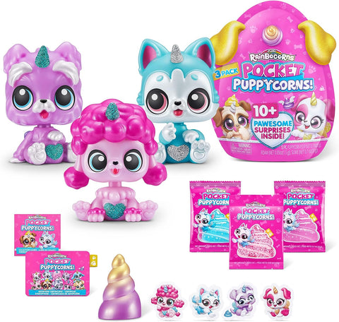 Rainbocorns Pocket Puppycorn Surprise S1 Bobble Head Large PDQ-- رينبوكورنز - عبوة من 3 قطع من لعبة مفاجأة بوبي كورن القابلة للتجميع، مجسم جرو مصغر