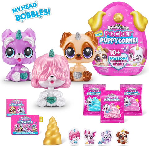 Rainbocorns Pocket Puppycorn Surprise S1 Bobble Head Large PDQ-- رينبوكورنز - عبوة من 3 قطع من لعبة مفاجأة بوبي كورن القابلة للتجميع، مجسم جرو مصغر