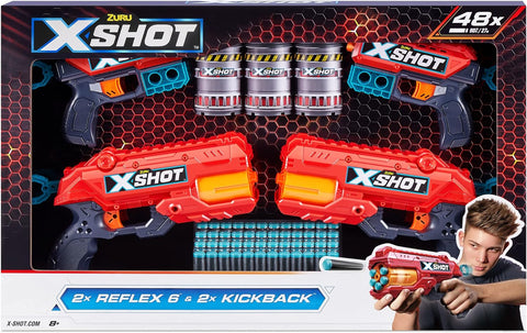 X-Shot Excel - Combo Pack (2  Kickback,2 REFLEX 6, 3Cans,48Darts)--مسدس اكس شوت - حزمة كومبو (2،2  6، 3علب،48سهم)