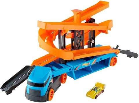 Hot Wheels  City Lift & Launch  Hauler Vehicle With Storage For Up To 20 1:64 Cars, Lift And Launch Feature And 1 Hot Wheels  Car, For 3 Year Olds And Up--شاحنة الرفع والاطلاق من هوت ويلز مع سيارة هوت ويلز