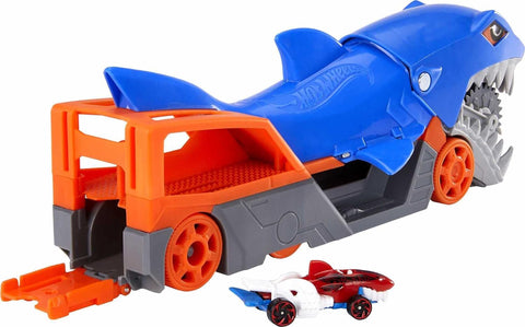 Hot Wheels  Shark Chomp Transporter Playset with One 1:64 Scale Car for Kids 4 to 8 Years Old, Shark Bite  Hauler Picks Up Cars in Its Jaws & Stores Up to Five in its Belly--مجموعة العاب ناقلة على شكل القرش تشومب من هوت ويلز مع سيارة بمقياس 1:64