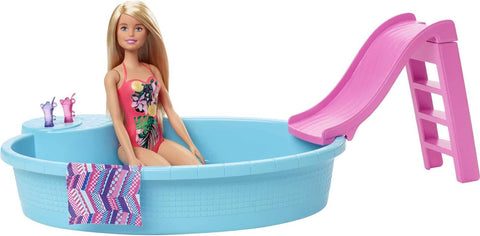 BARBIE BLONDE DOLL 11.5 INCH WITH POOL PLAYSET --دمية باربي، شقراء، مقاس 11.5 بوصة، ومجموعة ألعاب حمام سباحة مع زلاجة وإكسسوارات، هدية للأطفال من سن 3 إلى 7 سنوات