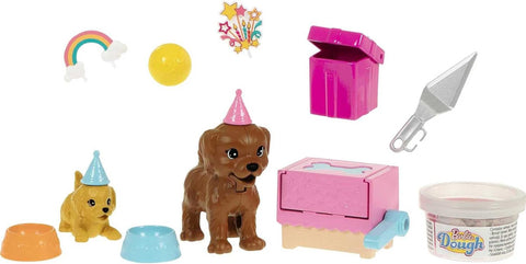 BARBIE DOLL AND PUPPY PARTY PLAYSET --مجموعة لعب حفلة دمية باربي (11.5 بوصة شقراء) وجرو مع جروين أليفين وعجينة وقالب كعكة وإكسسوارات