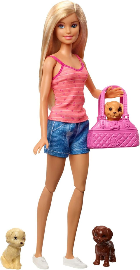 BARBIE BLONDE DOLL AND PLAYSET WITH 3 PUPPIES --دمية باربي شقراء ومجموعة ألعاب مع 3 كلاب صغيرة وحوض استحمام وإكسسوارات، هدية للأطفال من سن 3 إلى 7 سنوات