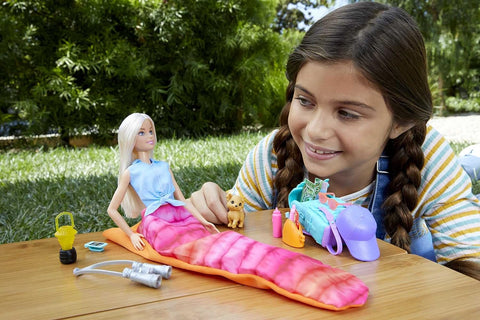 BARBIE CAMPING DOLL AND ACCESSORIES --دمية باربي وإكسسواراتها، دمية تخييم "ماليبو" مع جرو أليف وأكثر من 10 إكسسوارات