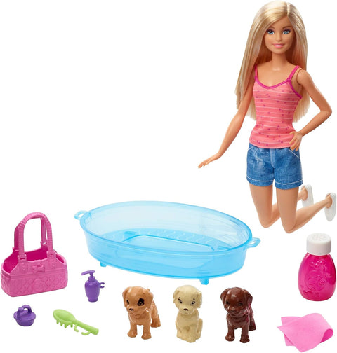 BARBIE BLONDE DOLL AND PLAYSET WITH 3 PUPPIES --دمية باربي شقراء ومجموعة ألعاب مع 3 كلاب صغيرة وحوض استحمام وإكسسوارات، هدية للأطفال من سن 3 إلى 7 سنوات