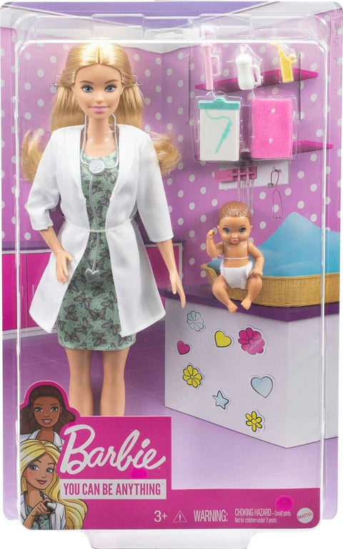 BARBIE BABY DOCTOR WITH BLONDE BARBIE 12 INCH --مجموعة ألعاب طبيب الأطفال من باربي مع دمية باربي شقراء