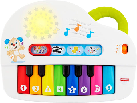 Fisher-Price Silly Sounds Light-Up Piano - UK English Edition, take-along toy piano with lights, real music notes and learning songs for baby and toddlers -- لعبة بيانو فيشر-برايس مضيء باصوات سخيفة مسلية للاطفال - ناطق باللغة الانجليزية