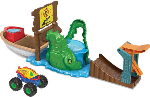 Hot Wheels  Monster Trucks Swamp Chomp  Playset, Water-Playset with 1 Monster Trucks  Color Shifters  Truck, Toy for Kids 4 Years Old & Older--مجموعة ألعاب هوت ويلز مونستر تراكس سوامب تشومب، مجموعة ألعاب مائية مع شاحنة مونستر تراكس كولور شيفترز